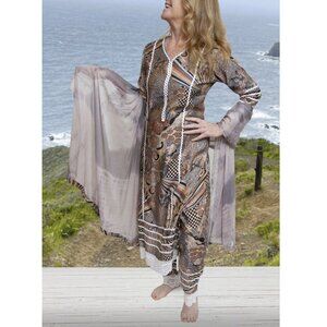 Kalki Casual Multi-Color Rayon Organic Design, Cotton Lace Trim Kurta Set Sz S